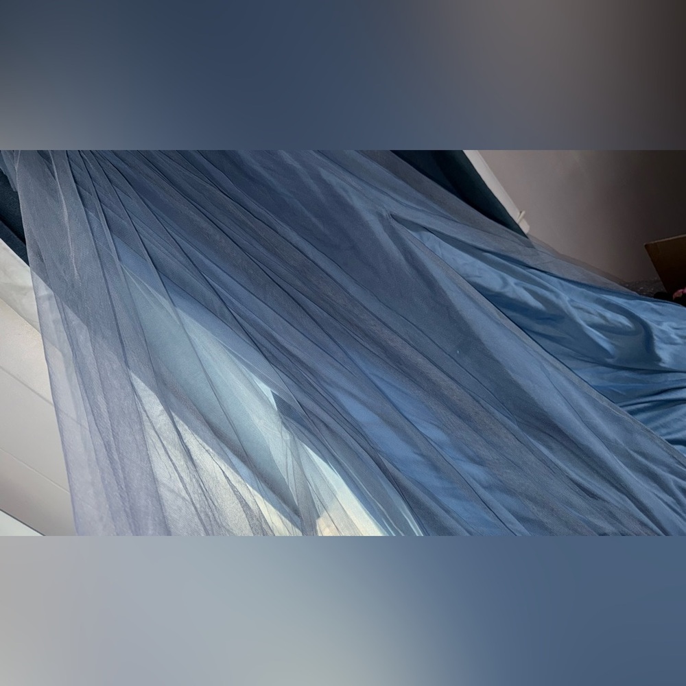 Faeriesty Fairy Dress – Elegant Blue Maternity V-Neck Midi Ruffle Sleeves & Slit - Picture 9 of 16